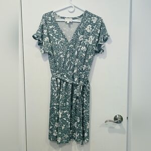 French Grey Sage Green Floral Wrap Midi Dress Size L